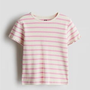 H&M White and Pink Striped Ribbed Short Sleeve Tee